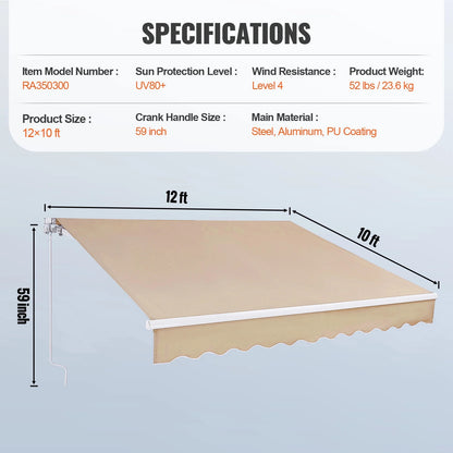 KFFKFF Patio Awning Retractable 12'x10' Awning Sunshade Shelter with Crank Handle