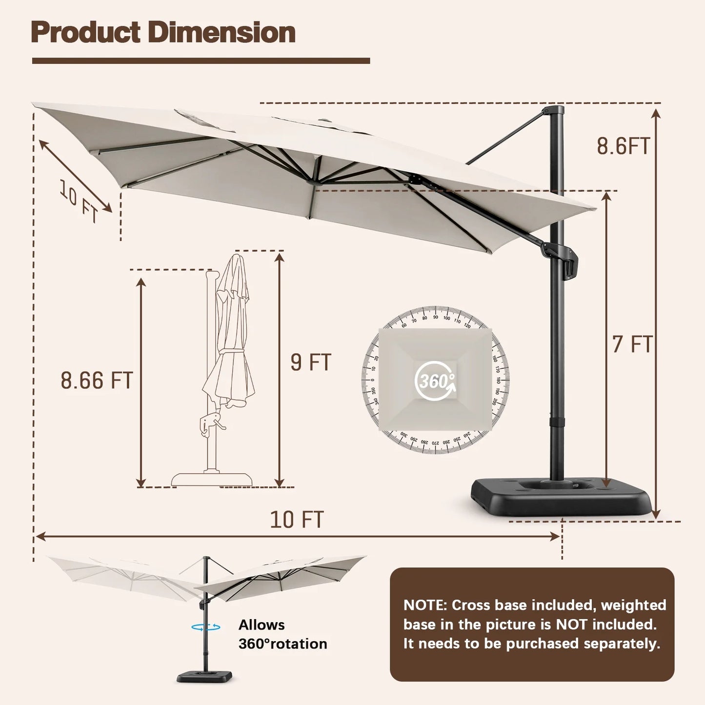 COBIZI Patio Offset Umbrella 10x10FT Outdoor Patio Height adjustable and Windproof, 360degrees Rotation Aluminum,Beige(Upgraded,2.0)