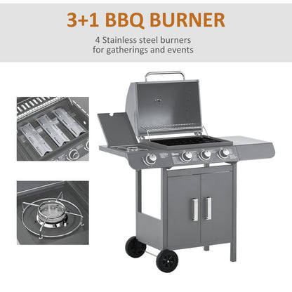 Outsunny Gas Barbecue Grill 3+1 Burner Garden BBQ w/ Large Cooking Area