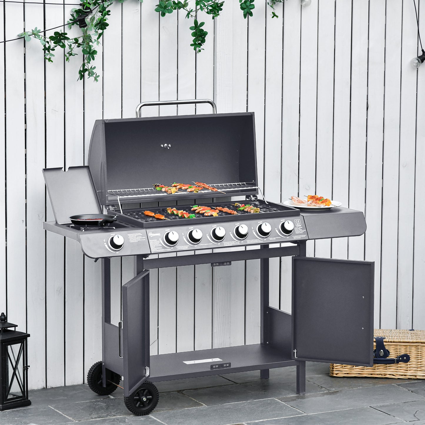 Outsunny 6+1 Burner Gas BBQ Grill Garden Barbecue with Wheels, Cabinet Grey