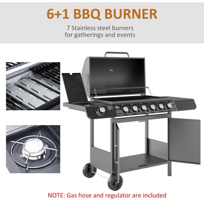 Outsunny 6+1 Burner Gas BBQ Grill Garden Barbecue with Wheels, Cabinet Grey
