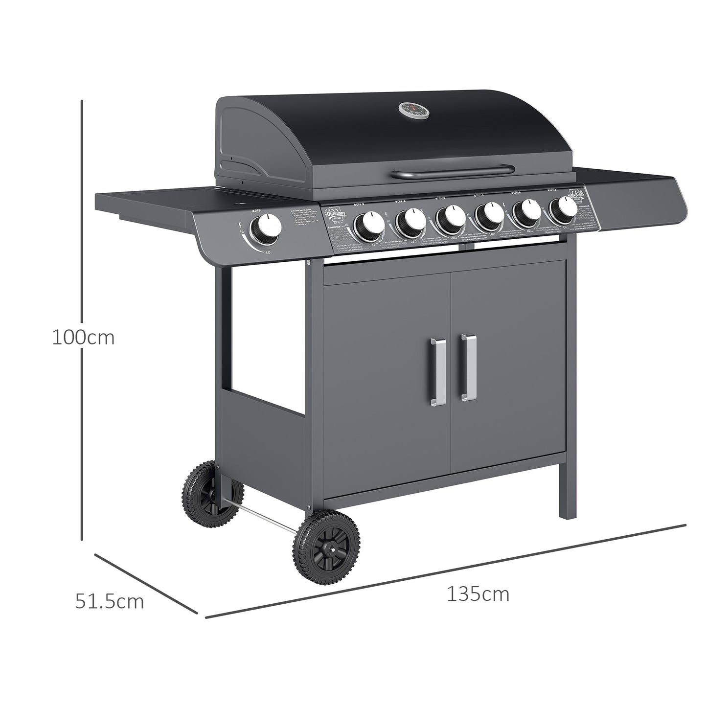 Outsunny 6+1 Burner Gas BBQ Grill Garden Barbecue with Wheels, Cabinet Grey