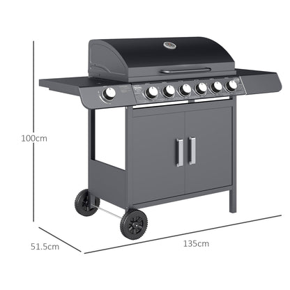 Outsunny 6+1 Burner Gas BBQ Grill Garden Barbecue with Wheels, Cabinet Grey
