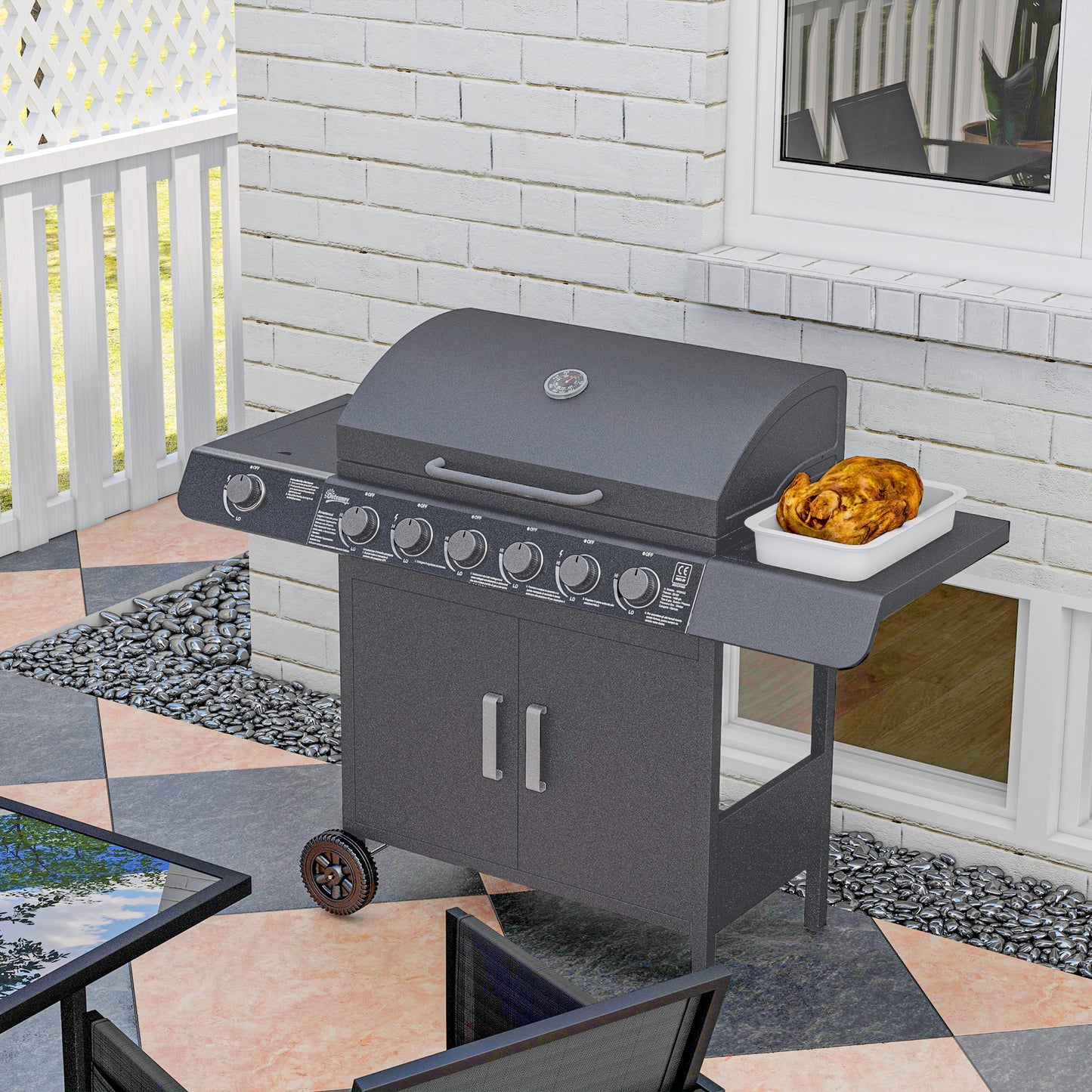Outsunny 6+1 Burner Gas BBQ Grill Garden Barbecue with Wheels, Cabinet Grey
