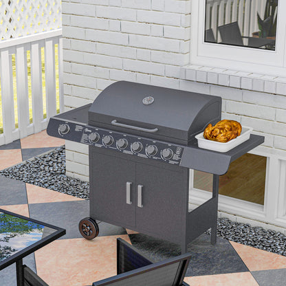 Outsunny 6+1 Burner Gas BBQ Grill Garden Barbecue with Wheels, Cabinet Grey
