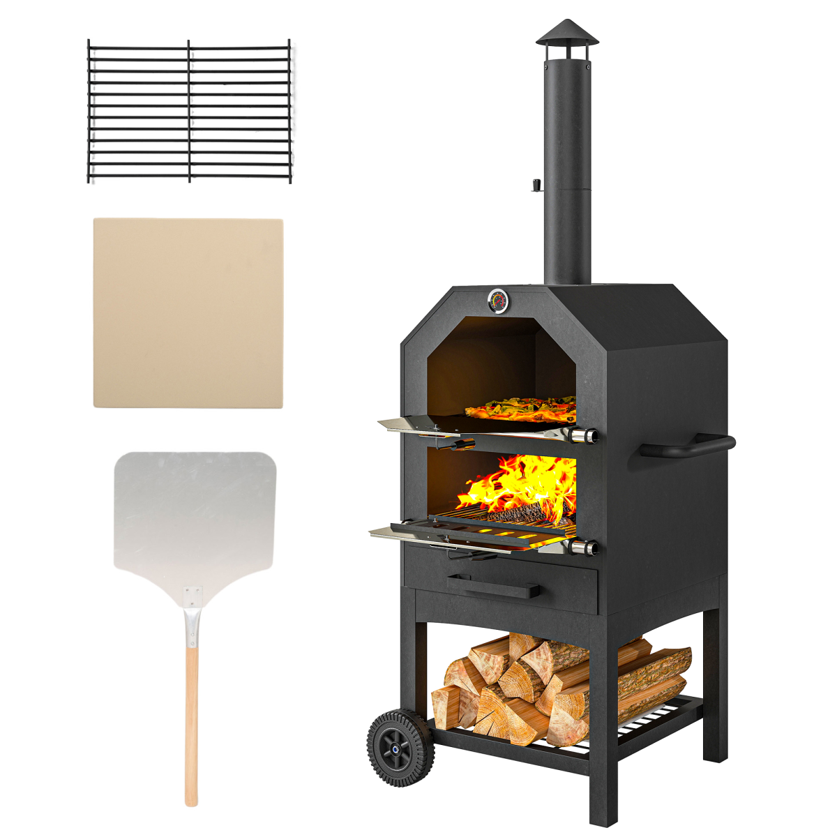 Outsunny Outdoor Pizza Oven Charcoal Grill with Rain Cover, Shelf and Wheels
