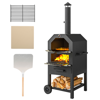 Outsunny Outdoor Pizza Oven Charcoal Grill with Rain Cover, Shelf and Wheels