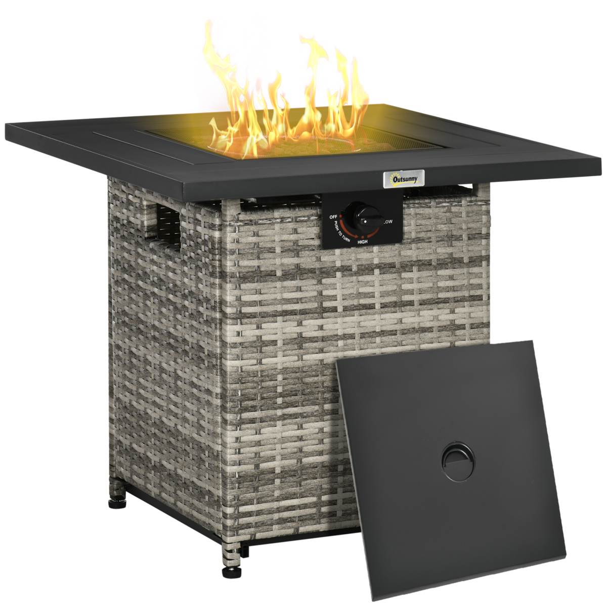 Outsunny Gas Fire Pit Table w/ Rain Cover, Mesh Lid & Lava Stone, 40,000 BTU