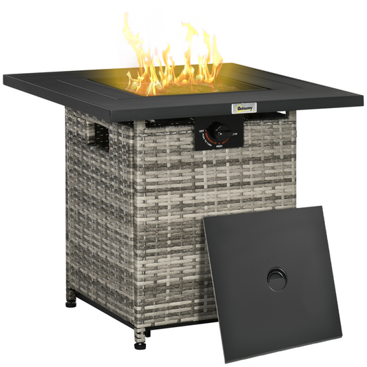 Outsunny Gas Fire Pit Table w/ Rain Cover, Mesh Lid & Lava Stone, 40,000 BTU